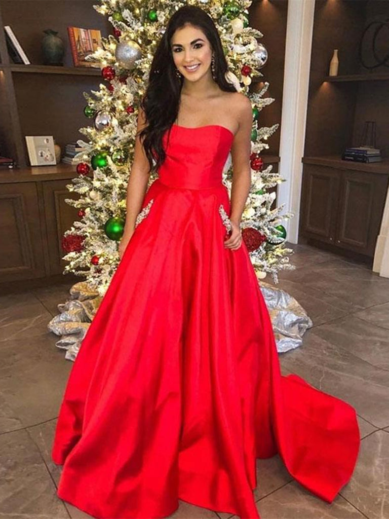 Custom Made Red Satin Prom Dress with Pockets, Red Formal Dresses, Evening Dresses
