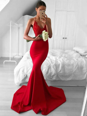 Halter Neck Red Mermaid Prom Dress with Train, Red Mermaid Formal Dress