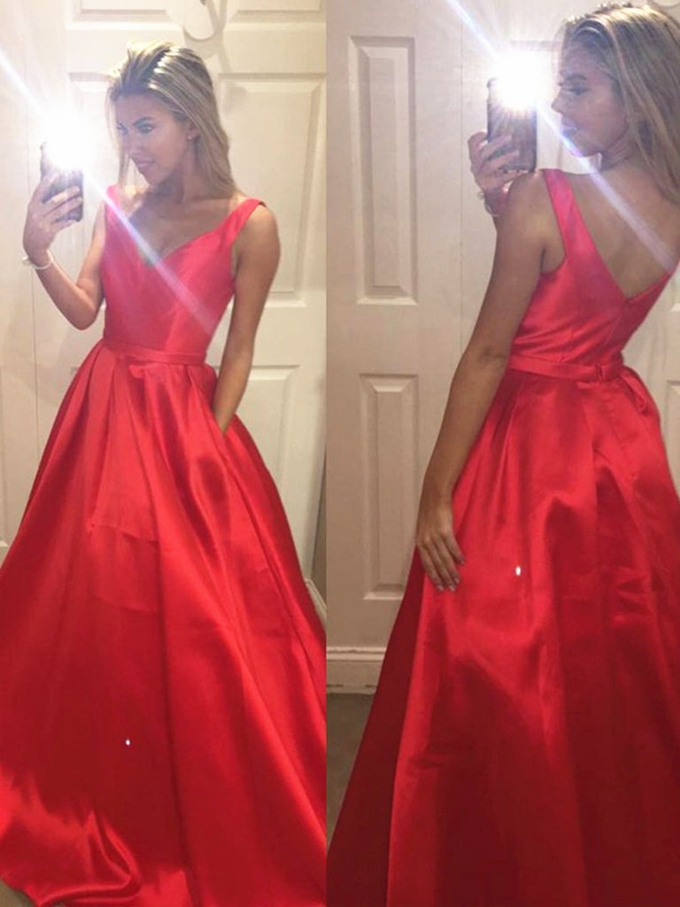 Custom Made A Line V Neck Red Prom Dress, Red Formal Dress, Red Evening Dress