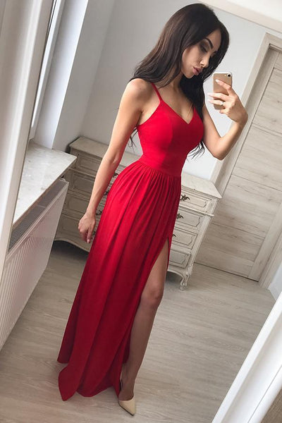 Custom Made A Line V Neck Red Floor Length Prom Dresses, Red Long Formal Dresses