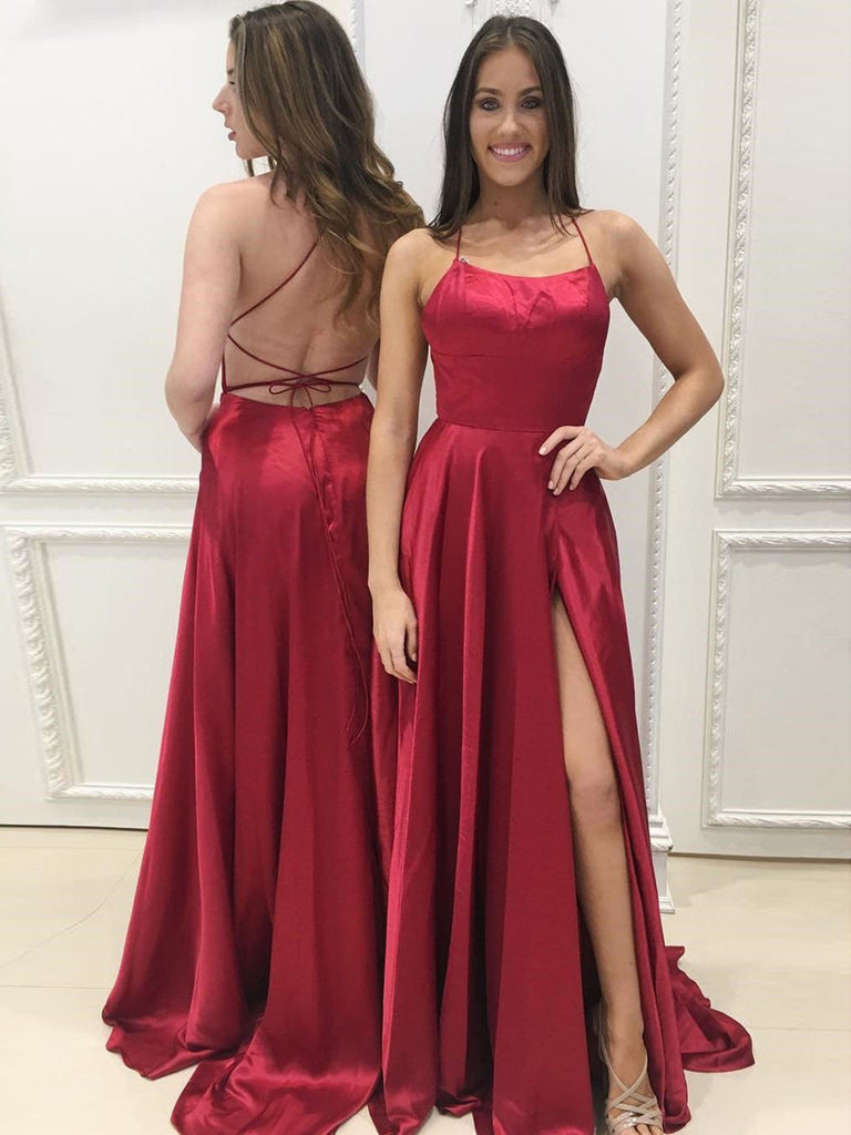 A Line Burgundy Backless Prom Dresses, Burgundy Backless Formal Dresse – jbydress