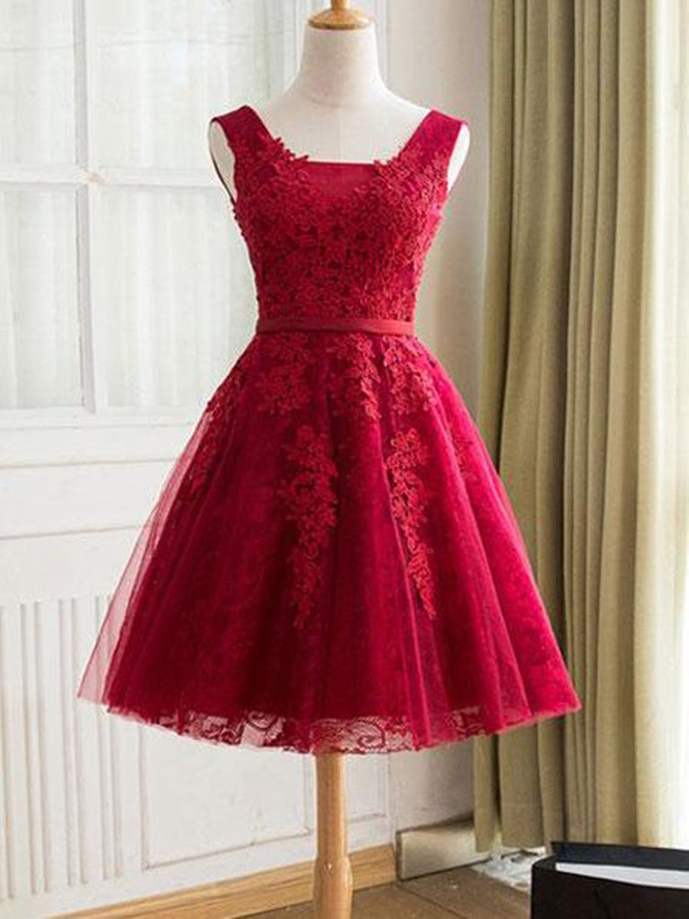 A Line Short Burgundy Lace Prom Dress, Lace Graduation Dress, Homecomi jbydress A Line Short Burgundy Lace Prom Dress, Lace Graduation Dress, Homecomi jbydress