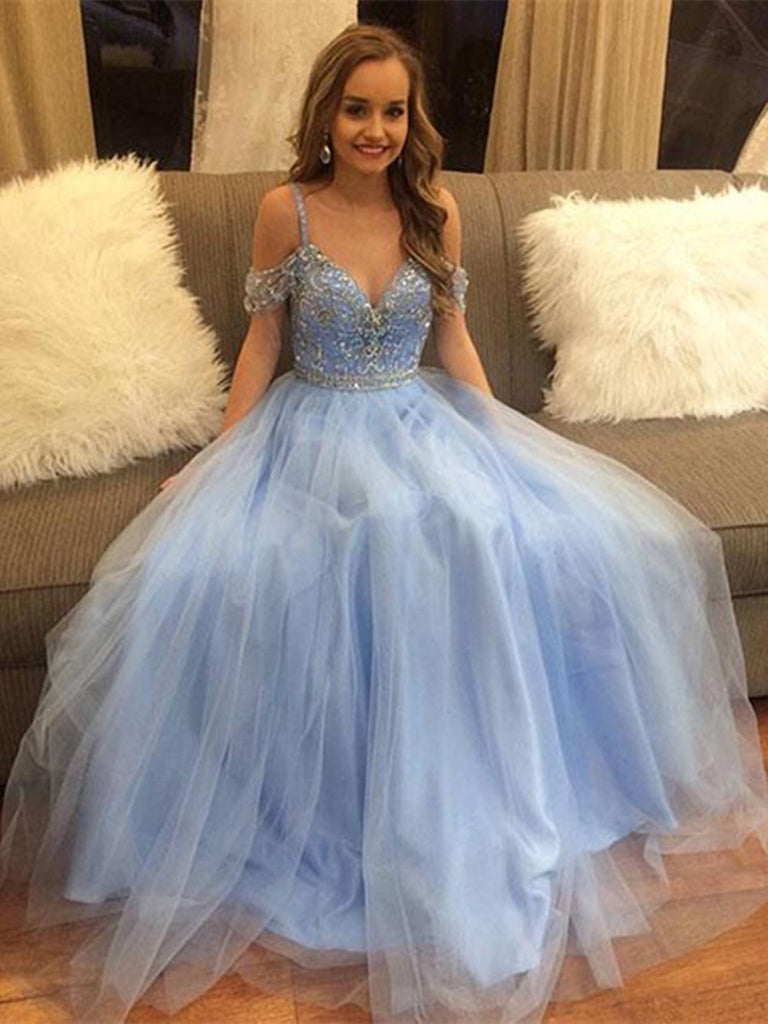 Light Blue Off Shoulder Tulle Prom Dress, Light Blue Formal Dress