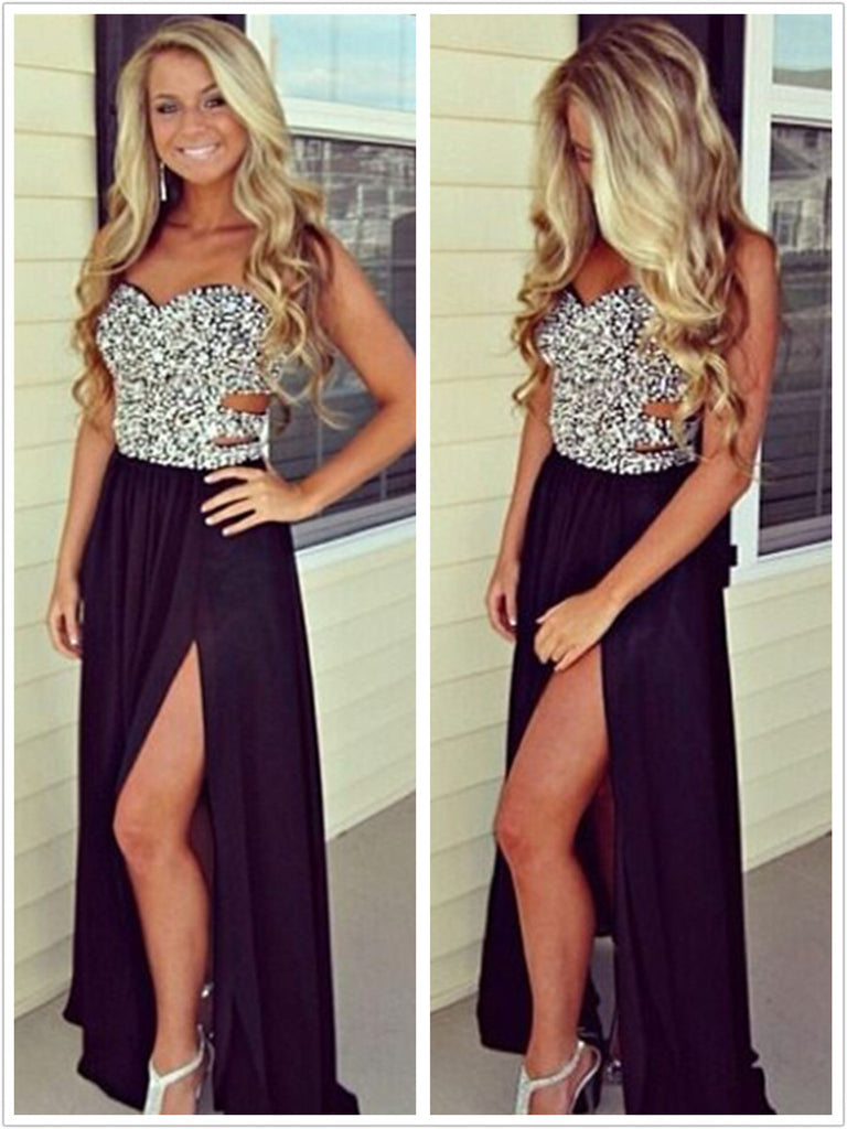 A Line Sweetheart Neck Black Rhinestone Long Prom Dresses, Black Forma jbydress A Line Sweetheart Neck Black Rhinestone Long Prom Dresses, Black Forma jbydress