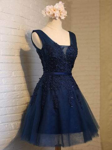 Custom Made A Line Short Navy Blue Prom Dresses, Short Lace Homecoming Dresses, Navy Blue Lace Formal Dresses