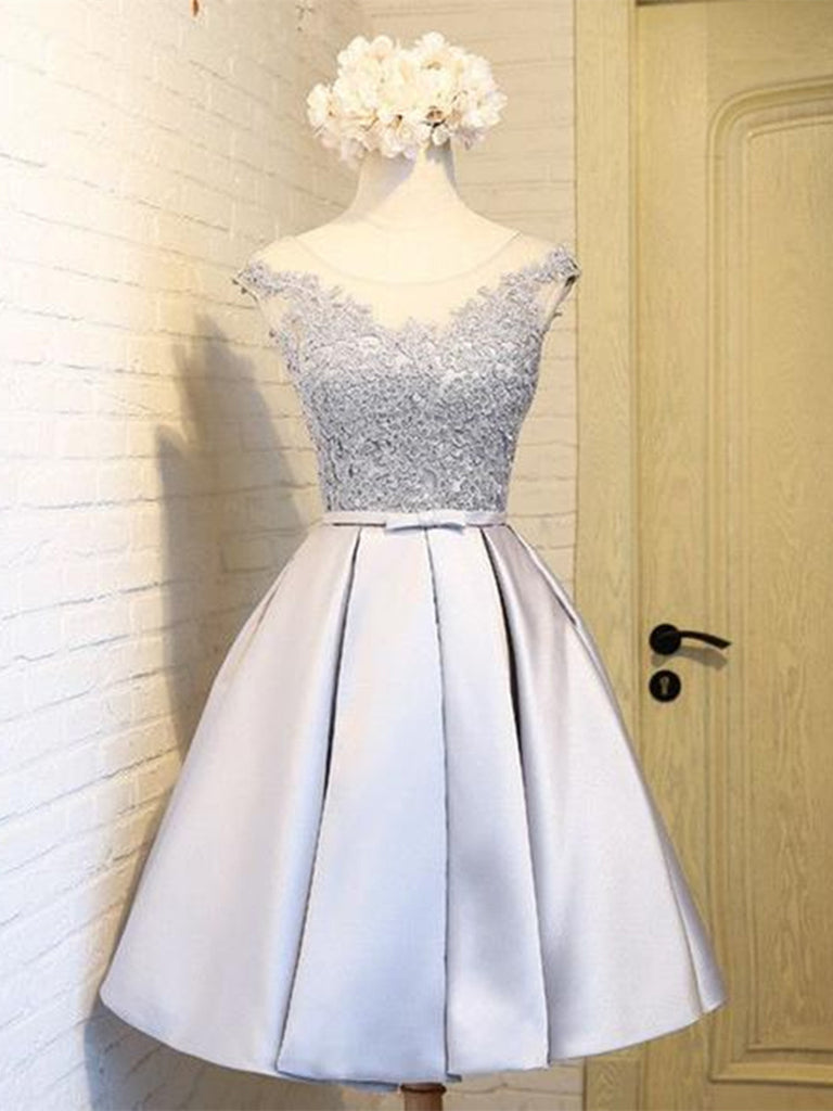 A Line Round Neck Short Gray Lace Prom Dresses, Short Grey Lace
