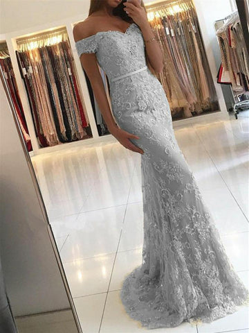 Elegant Off Shoulder Mermaid Lace Prom Dress, Lace Mermaid Formal Dress, Silver Evening Dress, Lace Bridesmaid Dress