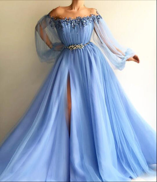 Custom Made Round Neck Baby Blue Tulle Long Sleeves Prom Dresses, Blue