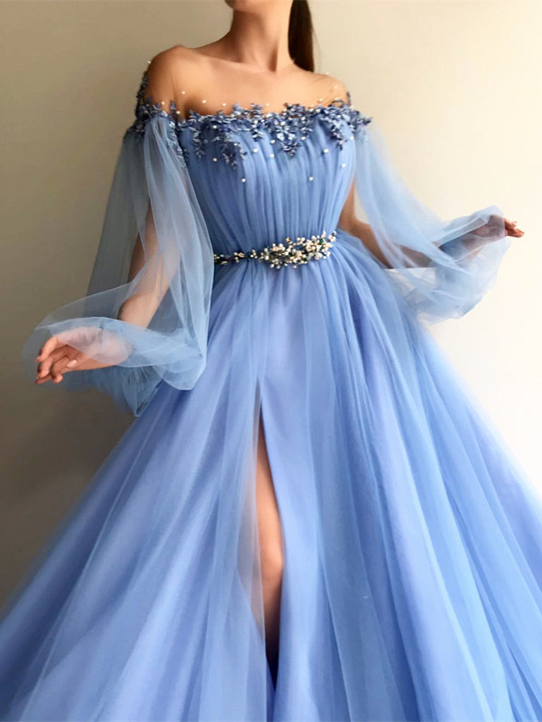 Custom Made Round Neck Baby Blue Tulle Long Sleeves Prom Dresses
