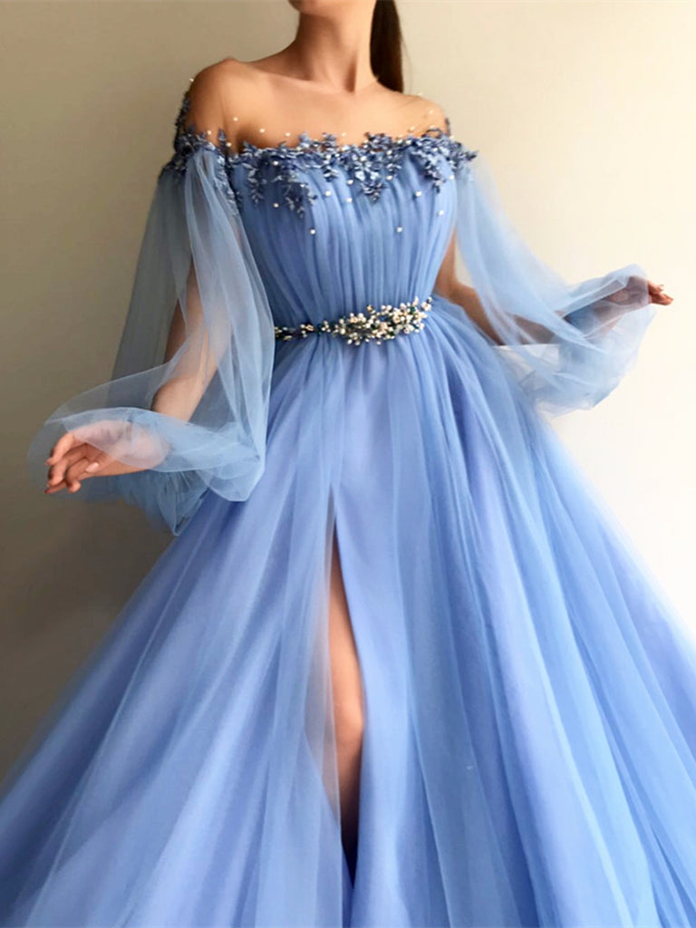 Blue Long Formal Gowns With Sleeves Custom Made Round Neck Baby
