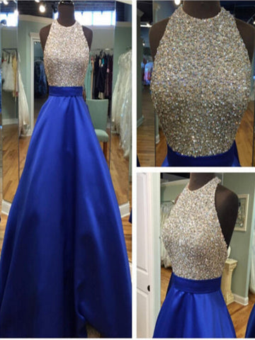 Custom Made Royal Blue Round Neck Sleeveless Prom Dresses, Blue Formal Dresses
