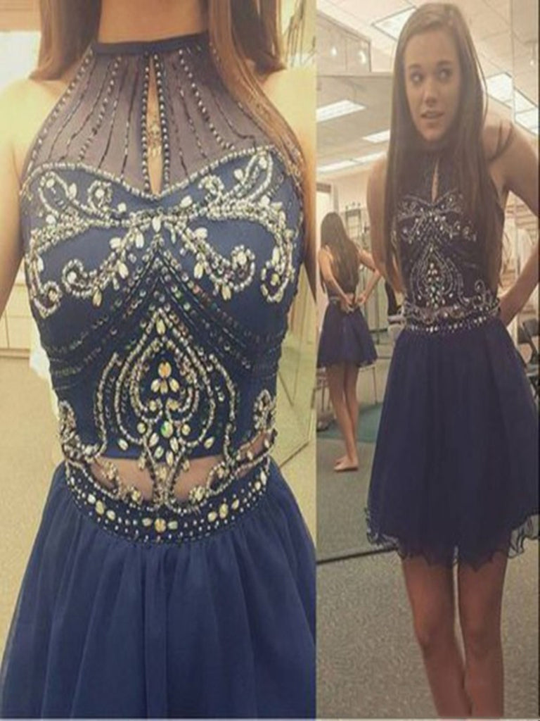 Custom Made A Line High Neck 2 pieces Short Blue Prom Dress, Short Graduation Dress, Short Homecoming Dress