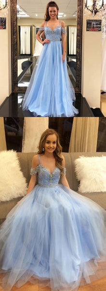 Light Blue Off Shoulder Tulle Prom Dress, Light Blue Formal Dress, Graduation Dress