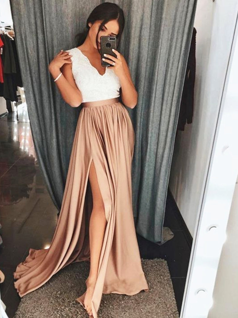 Custom Made A Line Champagne Prom Dresses with White Lace Top, White L jbydress Custom Made A Line Champagne Prom Dresses with White Lace Top, White L jbydress