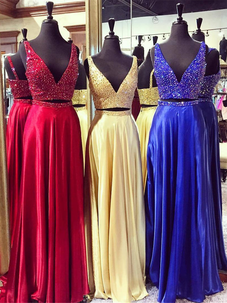 A Line V Neck 2 Pieces Red/Yellow/Blue Prom Dress, 2 Pieces Formal Dre jbydress A Line V Neck 2 Pieces Red/Yellow/Blue Prom Dress, 2 Pieces Formal Dre jbydress