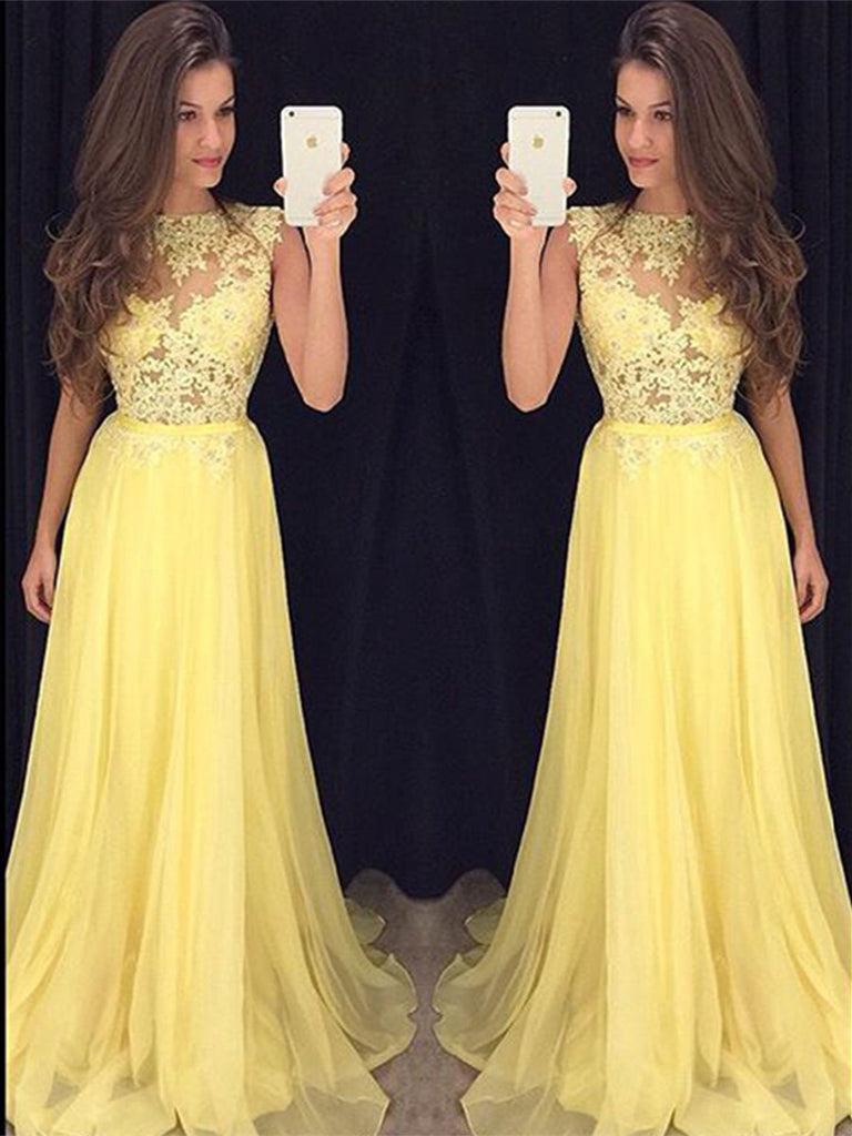 A Line Round Neck Yellow Lace Prom Dresses, Yellow Lace Graduation Dre jbydress A Line Round Neck Yellow Lace Prom Dresses, Yellow Lace Graduation Dre jbydress